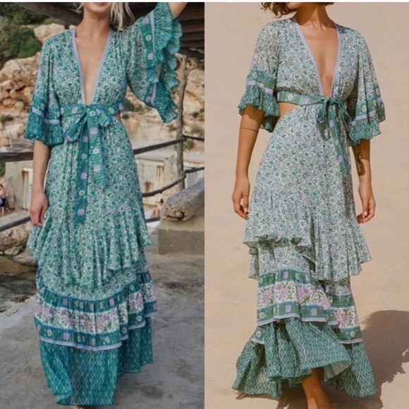 Spell Sienna Bambi Gown Maxi Dress Jade Green Blue Floral